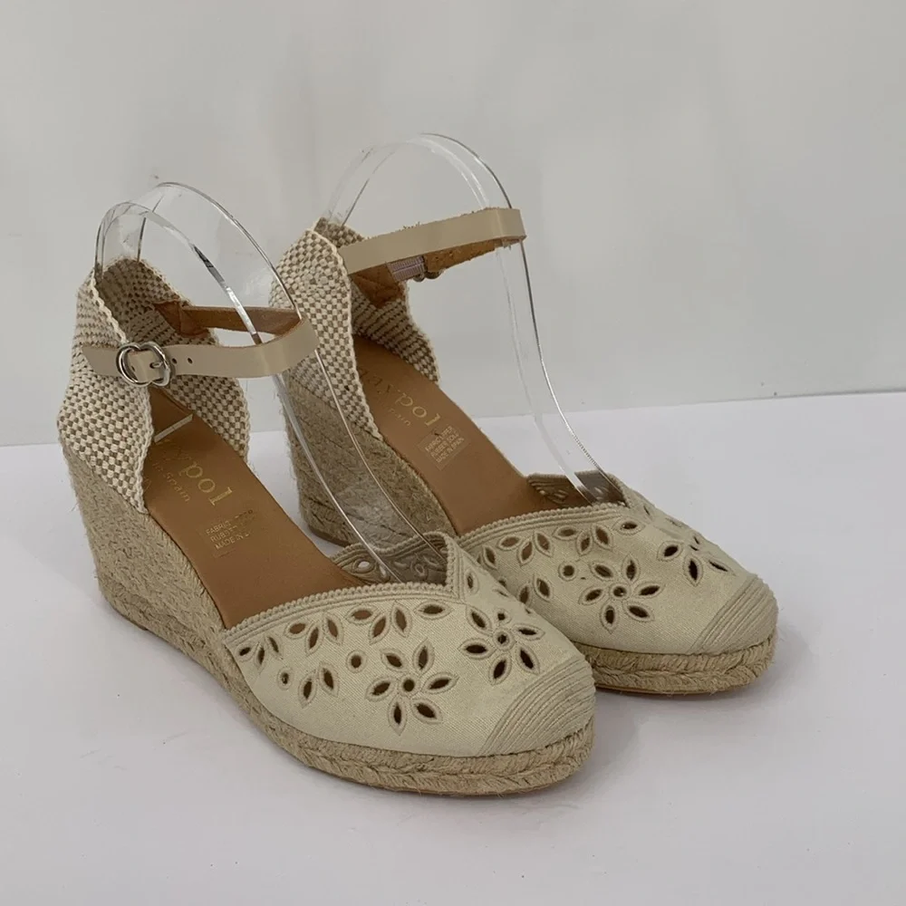 Maypol Espadrille shoe wedge platform eyelet floral tan brown Jute cut-out 41 10